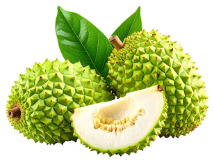 Spiky green fruit with a slice revealing fibrous flesh and seeds