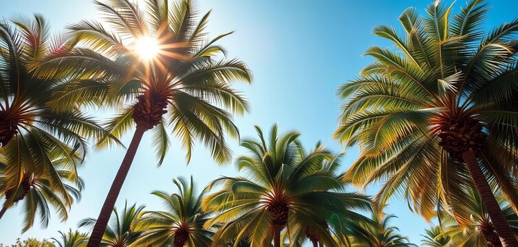 Majestic royal palms, sunlight dappled leaves, clear sky, image, stock photo