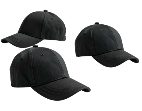 Three dark, textured baseball caps, angled views