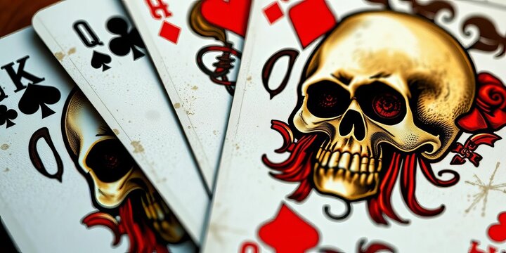 Close-up of skull-themed playing cards, intricate details visible, vintage, black