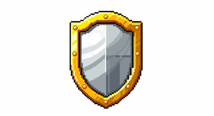 Pixel art style shield with a golden border and a silver metallic center, featuring rivets.