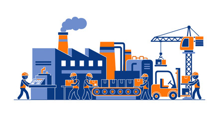 Industrial production illustration with factory conveyor belt workers forklift and crane