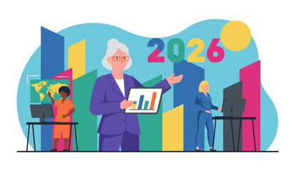 Diverse business team analyzing 2026 goals strategy and corporate success illustration