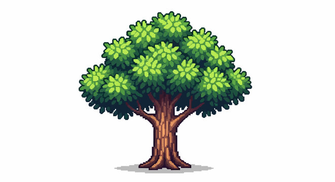 Detailed pixel art illustration of a vibrant green tree with a sturdy brown trunk.