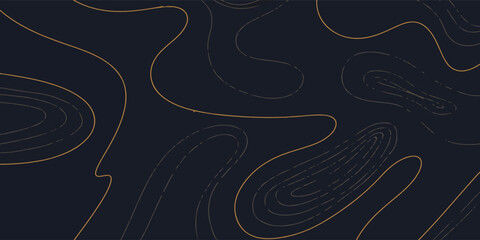 Elegant abstract background featuring thin golden topographic contour lines on a dark navy blue surface.
