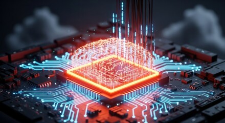 Glowing CPU with Intricate Circuitry and Data Streams in Dark Ambiance