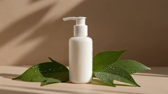 White dispenser bottle with green leaves and water droplets, emphasizing natural ingredients and skincare