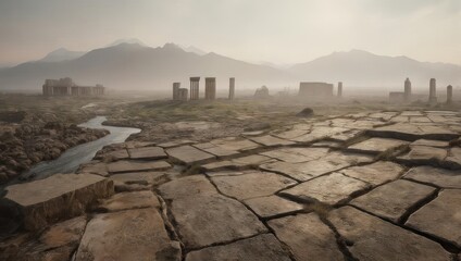 Ancient ruins in a desolate landscape with mountains and a river.