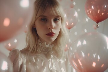 Woman with blonde hair surrounded by pink balloons. Minimalistic style for spring, Valentines Day or birthday greeting card. Simple and elegant concept.