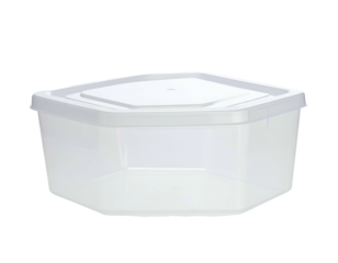 Clear hexagonal plastic food storage container with lid