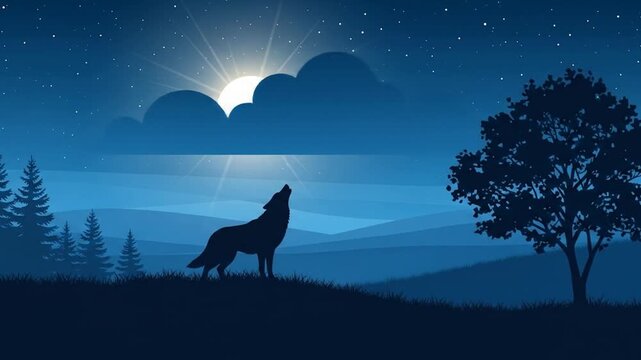 Serene Nightscape Animation with Howling Wolf Silhouette and Celestial Light Play