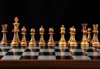 Classic chess pieces arranged on a dark wooden chessboard,   ancient,  king