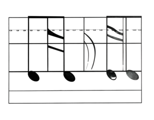 Fragmented musical notation against a dark, grid-like background