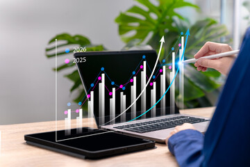 Business Growth and Financial Marketing Management 2026, Businesswoman Comparative Analysis Growth Graph of financial, Forecasting and Target Planning for Strategic Development and Sustainable Succes