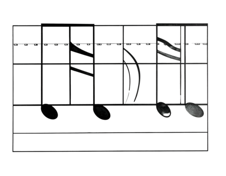 Fragmented musical notation against a dark, grid-like background