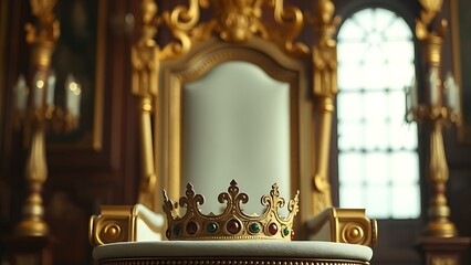 throne. A lone crown resting on an empty throne in a regal, symbolic interior. event programs, museum guides, designed for cultural heritage projects and event programs.