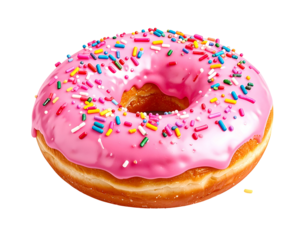 Pink frosted ring donut with colorful sprinkles, isolated on black