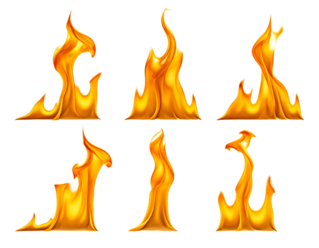Six vibrant, animated flames dance on a dark backdrop