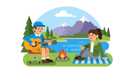 Naklejka premium Camping Couple: An Idyllic Scene with Guitar, Fire and Picturesque Landscape