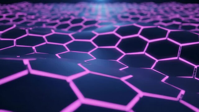 High angle shot of dark hexagon pattern with glowing pink edges on a textured surface, creating an abstract geometric background. Modern design with a futuristic tech feel.