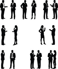 Silhouette of business professionals talking, discussing ideas, and collaborating during office communication meeting teamwork concept in corporate environment