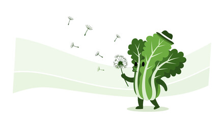 Charming Animated Vegetable Character Blowing Dandelion Seeds on Black Background
