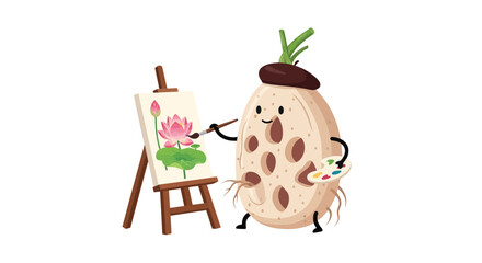 Charming Artist Radish Character Painting a Lotus With Playful Charm and Delight