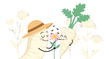 Charming Animated Vegetables Sharing A Flower, Surrounded By Sweet Bees With Joy
