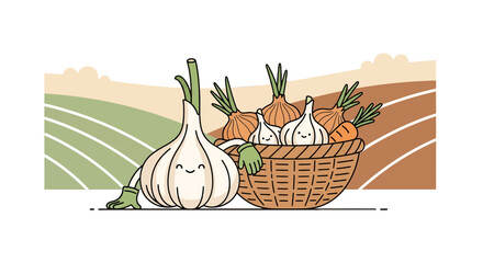 Charming Animated Vegetables Resting Beside Fields in a Delightful Vector Illustration
