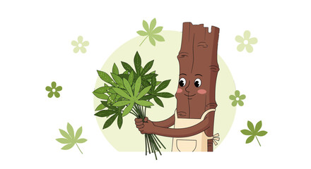 Charming Cartoon Character Holding Green Plants Surrounded by Flowers Against Black Background