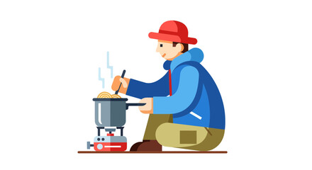 Obraz premium Cartoon Cook Preparing Meal Outdoors on Portable Stove Isolated on Black Background