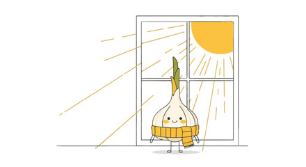 Charming Garlic Bulb Character Enjoys Sunny Day Behind the Window and Embraces Bright Light