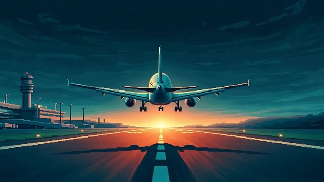 Pixel art aircraft landing at sunset futuristic airport digital illustration.