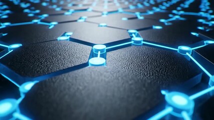 Detailed abstract background featuring a hexagonal network with glowing blue connections on a dark gray surface, highlighting interconnected nodes and geometric precision. - Powered by Adobe