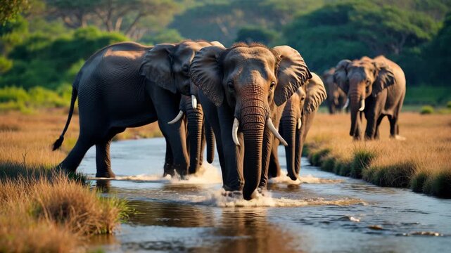 Majestic Elephants Roaming a Stream in Stunning Sri Lanka Wildlife National Park