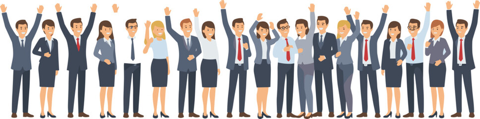 Successful diverse business team celebrating success, group of cheerful office employees raising hands together, teamwork achievement concept, corporate unity illustration