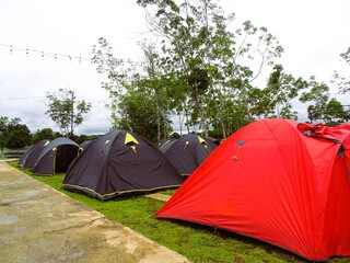 Many small camping tents have been neatly set up on the field.