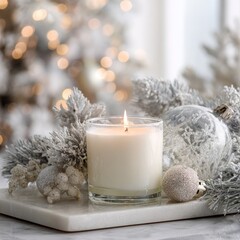 White Candle with Frosted Decor on a Soft Winter Background  " ai generator "