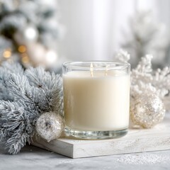 White Candle with Frosted Decor on a Soft Winter Background  " ai generator "