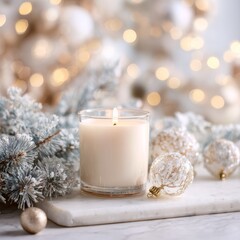 White Candle with Frosted Decor on a Soft Winter Background  " ai generator "