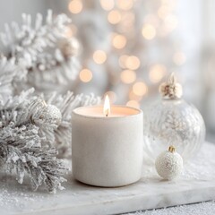 White Candle with Frosted Decor on a Soft Winter Background  " ai generator "