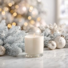 White Candle with Frosted Decor on a Soft Winter Background  " ai generator "