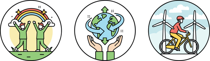 Sustainable living illustration, eco friendly lifestyle icons, renewable energy concept, people protecting earth, clean environment, green future vector design