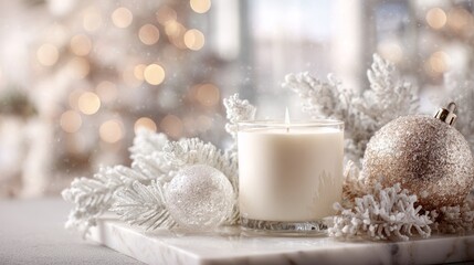 White Candle with Frosted Decor on a Soft Winter Background  " ai generator "