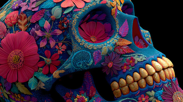 Vibrant sugar skull with floral patterns