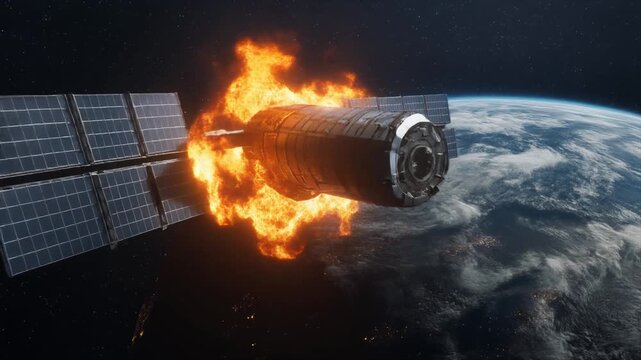 Intense illustration of a satellite ablaze and disintegrating in Earth's orbit, depicting a critical system failure, space debris, or atmospheric reentry catastrophe