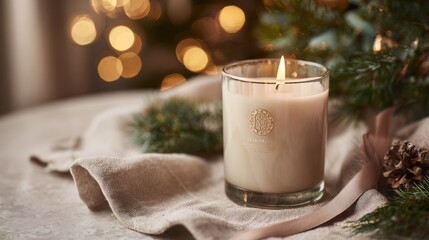 White Candle with Frosted Decor on a Soft Winter Background  " ai generator "
