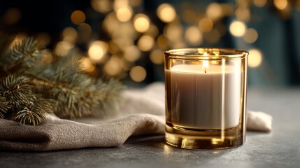 White Candle with Frosted Decor on a Soft Winter Background  " ai generator "