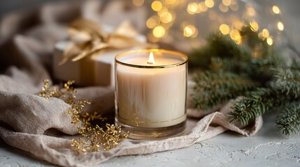 White Candle with Frosted Decor on a Soft Winter Background  " ai generator "