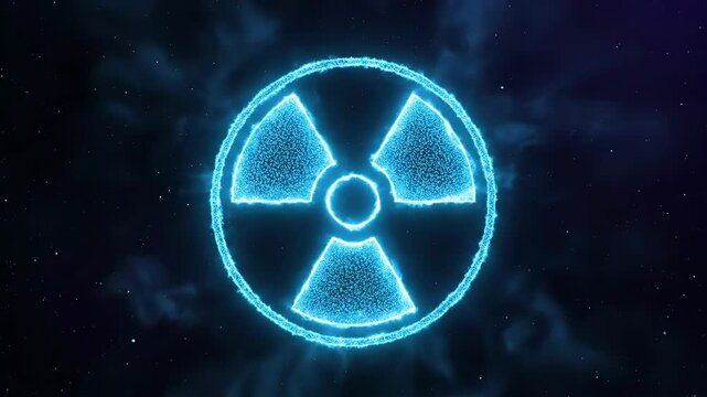 Animated blue radiation symbol on a dark background with floating particles and glowing edges. The round, geometric icon represents nuclear energy and a warning sign.